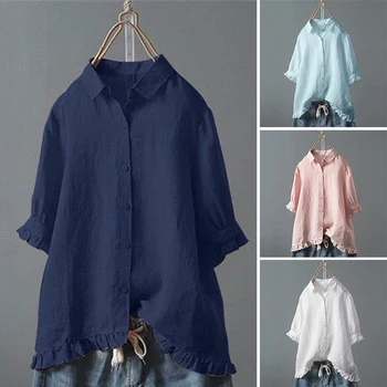 Весенне-летняя футболка, женская хлопковая льняная повседневная свободная блузка, белые темно-синие однотонные топы с короткими рукавами и пуговицами, рубашка в стиле бохо